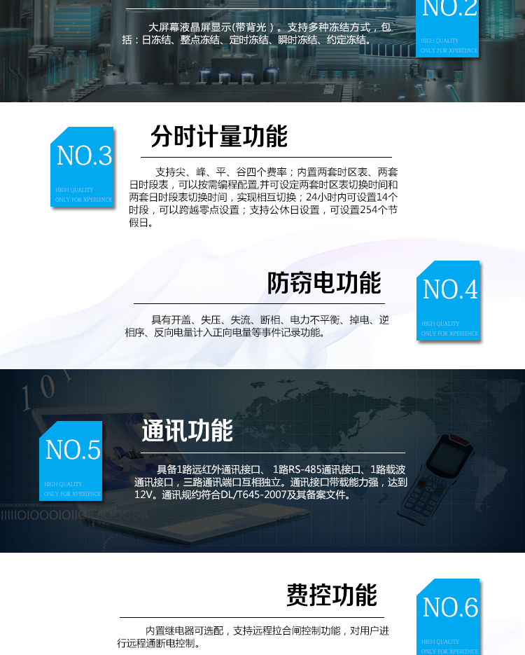 海興DDSI208單相電能表主要功能
　　計量功能
　　具有支持正反向有功、四象限無功電能、組合無功電能，支持正反向有功最大需量、四象限無功最大需量、組合無功最大需量，支持多費(fèi)率計量。
　　分時計量功能
　　支持尖、峰、平、谷四個費(fèi)率;內(nèi)置兩套時區(qū)表、兩套日時段表，可以按需編程配置,并可設(shè)定兩套時區(qū)表切換時間和兩套日時段表切換時間，實(shí)現(xiàn)相互切換;24小時內(nèi)可設(shè)置14個時段，可以跨越零點(diǎn)設(shè)置;支持公休日設(shè)置，可設(shè)置254個節(jié)假日。
　　測量功能
　　能測量電壓、電流、功率以及功率因數(shù)等電網(wǎng)參數(shù)，零線電流測量功能可選配。測量準(zhǔn)確度高，可以達(dá)到1級以內(nèi)標(biāo)準(zhǔn)。
　　數(shù)據(jù)存儲功能
　　支持多種凍結(jié)方式，包括：日凍結(jié)、整點(diǎn)凍結(jié)、定時凍結(jié)、瞬時凍結(jié)、約定凍結(jié)。
　　事件記錄功能
　　分別記錄最近10次掉電、編程、校時、開表蓋、跳閘、合閘、事件清零、電表清零。
　　通信功能
　　具備1路遠(yuǎn)紅外通訊接口、 1路RS-485通訊接口、1路載波通訊接口，三路通訊端口互相獨(dú)立。通訊接口帶載能力強(qiáng)，達(dá)到12V。通訊規(guī)約符合DL/T645-2007及其備案文件。
　　費(fèi)控功能
　　內(nèi)置繼電器可選配，支持遠(yuǎn)程拉合閘控制功能，對用戶進(jìn)行遠(yuǎn)程通斷電控制。
　　用戶交互界面
　　采用大屏幕液晶顯示，提供豐富的圖形或文字提示信息;顯示內(nèi)容可通過按鍵循環(huán)查詢，顯示項目可通過通信口按需配置;提供液晶背光，方便查看。支持停電喚醒功能，能通過按鍵或非接觸方式喚醒電能表，實(shí)現(xiàn)屏幕顯示抄讀電量和紅外通信口抄讀電量等數(shù)據(jù)。