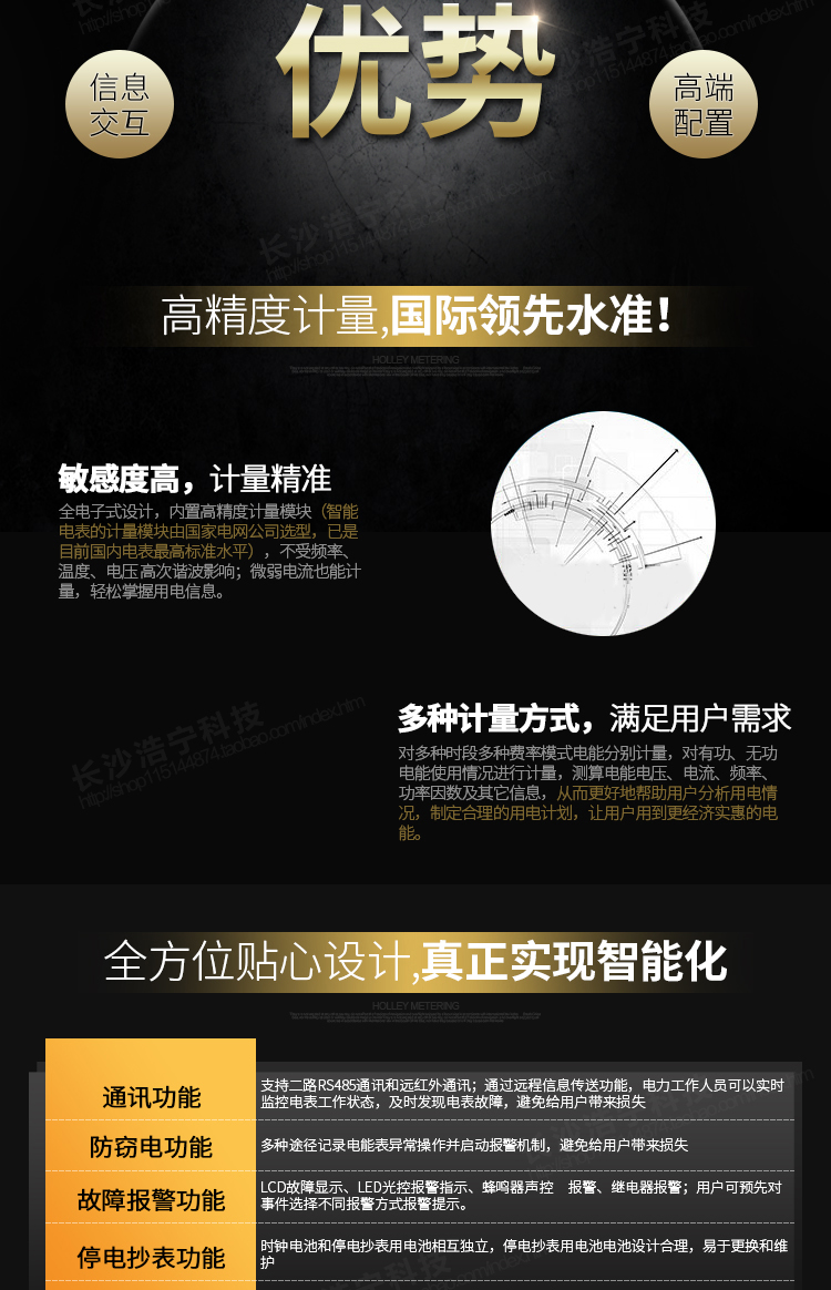 華立DTSD546電能表主要功能
　　電能計量功能
　　計量參數：可計量有功、無功、正向有功、反向有功、正向無功、反向無功、四象限無功等電量。
　　分時功能：具有尖、峰、平、谷分時段復費率功能，也可選擇峰、平、谷分時段功能，總之適用全國各地分時復費率要求。
　　數據存儲：可按月存儲當月、上月、上上月至上12月的電量數據。
　　具有6類負荷曲線記錄功能。
　　監測參數：可監測各相電壓、電流實時值，可監測三相總及A、B、C各相有功功率、無功功率、功率因數、相角、相位等實時參數。
　　顯示功能：使用LCD漢字顯示各種參數和測量數據。
　　防竊電功能
　　開蓋記錄功能，防止非法更改電路。
　　電壓合格率、失壓記錄功能，防止用戶非法取掉或截斷電壓接線，如已發生，可通過記錄的時間核算所損失的電量，為追補電量提供依據。
　　失流、斷相記錄功能，防止用戶非法短接電流接線，如已發生，可通過記錄的時間核算所損失的電量，為追補電量提供依據。
　　電流不平衡記錄：可警惕用戶在電表接線的前端截取電量。
　　掉電記錄功能，防止用戶非法取下電表的工作電源，如已發生，可通過記錄的時間核算所損失的電量，為追補電量提供依據。
　　反向電量計入正向電量，用戶如將電流線接反，電表照樣正向走字，不具有竊電作用。
　　逆相序報警，用戶非法接線，電表會報警，除非把線接正確，否則一直報警。
