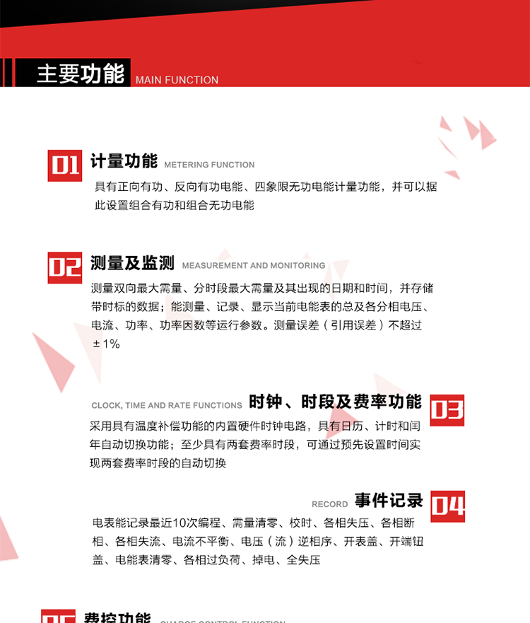 主要功能
1. 電能計(jì)量
具有正向有功、反向有功電能、四象限無功電能計(jì)量功能，并可以據(jù)此設(shè)置組合有功和組合無功電能。
2. 需量計(jì)量
測量雙向最大需量、分時段最大需量及其出現(xiàn)的日期和時間，并存儲帶時標(biāo)的數(shù)據(jù)。
3. 測量及監(jiān)測
能測量、記錄、顯示當(dāng)前電能表的總及各分相電壓、電流、功率、功率因數(shù)等運(yùn)行參數(shù)。測量誤差（引用誤差）不超過±1%。
4. 時鐘、時段及費(fèi)率功能
采用具有溫度補(bǔ)償功能的內(nèi)置硬件時鐘電路，具有日歷、計(jì)時和閏年自動切換功能。內(nèi)部時鐘端子輸出頻率為1Hz。至少具有兩套費(fèi)率時段，可通過預(yù)先設(shè)置時間實(shí)現(xiàn)兩套費(fèi)率時段的自動切換。每套費(fèi)率時段全年至少可設(shè)置2個時區(qū)，24小時內(nèi)至少可以設(shè)置8個時段，時段最小間隔為15分鐘，并且時段間隔大于表內(nèi)設(shè)定的需量周期值，時段可跨越零點(diǎn)設(shè)置。
5. 費(fèi)控功能 
電能表費(fèi)控功能的實(shí)現(xiàn)方式通過CPU卡等固態(tài)介質(zhì)實(shí)現(xiàn)。具有兩套階梯電價計(jì)費(fèi)方式，并可在設(shè)置時間點(diǎn)啟用另一套階梯電價計(jì)費(fèi)。
6. 無線通信
通過無線通信與主站通信。支持在安全認(rèn)證前提下，通過無線網(wǎng)絡(luò)信道修改費(fèi)率時段表及電價。
7. 事件記錄
電表能記錄最近10次編程、需量清零、校時、各相失壓、各相斷相、各相失流、電流不平衡、電壓（流）逆相序、開表蓋、開端鈕蓋、電能表清零、各相過負(fù)荷、掉電、全失壓。
8. 凍結(jié)
具有定時凍結(jié)、瞬時凍結(jié)、約定凍結(jié)和日凍結(jié)功能。
9.　負(fù)荷記錄
記錄正反向有功總電能、無功總電能、四象限無功總電能、組合有功、組合無功1、組合無功2，負(fù)荷記錄間隔時間可以在1～60min范圍內(nèi)設(shè)置，時間間隔為1min的情況下可記錄不少于40天的數(shù)據(jù)容量。
10. 停電抄表
在停電狀態(tài)下，能通過按鍵或非接觸方式喚醒電能表，抄讀電能量等數(shù)據(jù)。
11. 擴(kuò)展功能
計(jì)量視在電能、諧波電壓、電流、電量的監(jiān)測、電能質(zhì)量監(jiān)測和計(jì)算鐵損、銅損。 