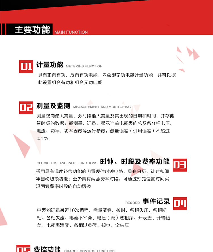 主要功能
1. 　電能計量
具有正向有功、反向有功電能、四象限無功電能計量功能，并可以據此設置組合有功和組合無功電能。
2. 　需量計量
測量雙向最大需量、分時段最大需量及其出現的日期和時間，并存儲帶時標的數據。
3. 　測量及監測
能測量、記錄、顯示當前電能表的總及各分相電壓、電流、功率、功率因數等運行參數。測量誤差（引用誤差）不超過±1%。
4. 　時鐘、時段及費率功能
采用具有溫度補償功能的內置硬件時鐘電路，具有日歷、計時和閏年自動切換功能。內部時鐘端子輸出頻率為1Hz。至少具有兩套費率時段，可通過預先設置時間實現兩套費率時段的自動切換。每套費率時段全年至少可設置2個時區，24小時內至少可以設置8個時段，時段最小間隔為15分鐘，并且時段間隔大于表內設定的需量周期值，時段可跨越零點設置。
5. 　費控功能 
電能表費控功能的實現方式通過公網等虛擬介質和遠程售電系統實現。
6. 　無線通信
通過無線通信與主站通信。支持在安全認證前提下，通過無線網絡信道修改費率時段表及電價。
7. 　事件記錄
電表能記錄最近10次編程、需量清零、校時、各相失壓、各相斷相、各相失流、電流不平衡、電壓（流）逆相序、開表蓋、開端鈕蓋、電能表清零、各相過負荷、掉電、全失壓。
8. 　凍結
具有定時凍結、瞬時凍結、約定凍結和日凍結功能。
9.　 負荷記錄
記錄正反向有功總電能、無功總電能、四象限無功總電能、組合有功、組合無功1、組合無功2，負荷記錄間隔時間可以在1～60min范圍內設置，時間間隔為1min的情況下可記錄不少于40天的數據容量。
10. 　停電抄表
在停電狀態下，能通過按鍵或非接觸方式喚醒電能表，抄讀電能量等數據。
11. 擴展功能
計量視在電能、諧波電壓、電流、電量的監測、電能質量監測和計算鐵損、銅損。 