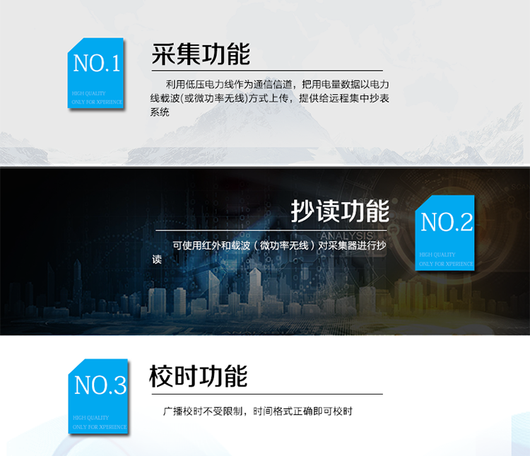 產(chǎn)品特點(diǎn)
該產(chǎn)品主要完成對(duì)RS485電表的電量采集，并且利用低壓電力線作為通信信道，把用電量數(shù)據(jù)以電力線載波(或微功率無(wú)線)方式上傳，提供給遠(yuǎn)程集中抄表系統(tǒng)。
